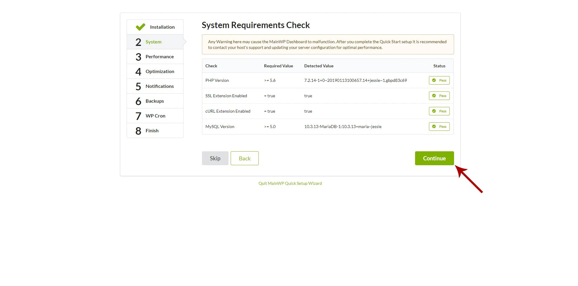 Quick Setup Wizard showing system requirements verification