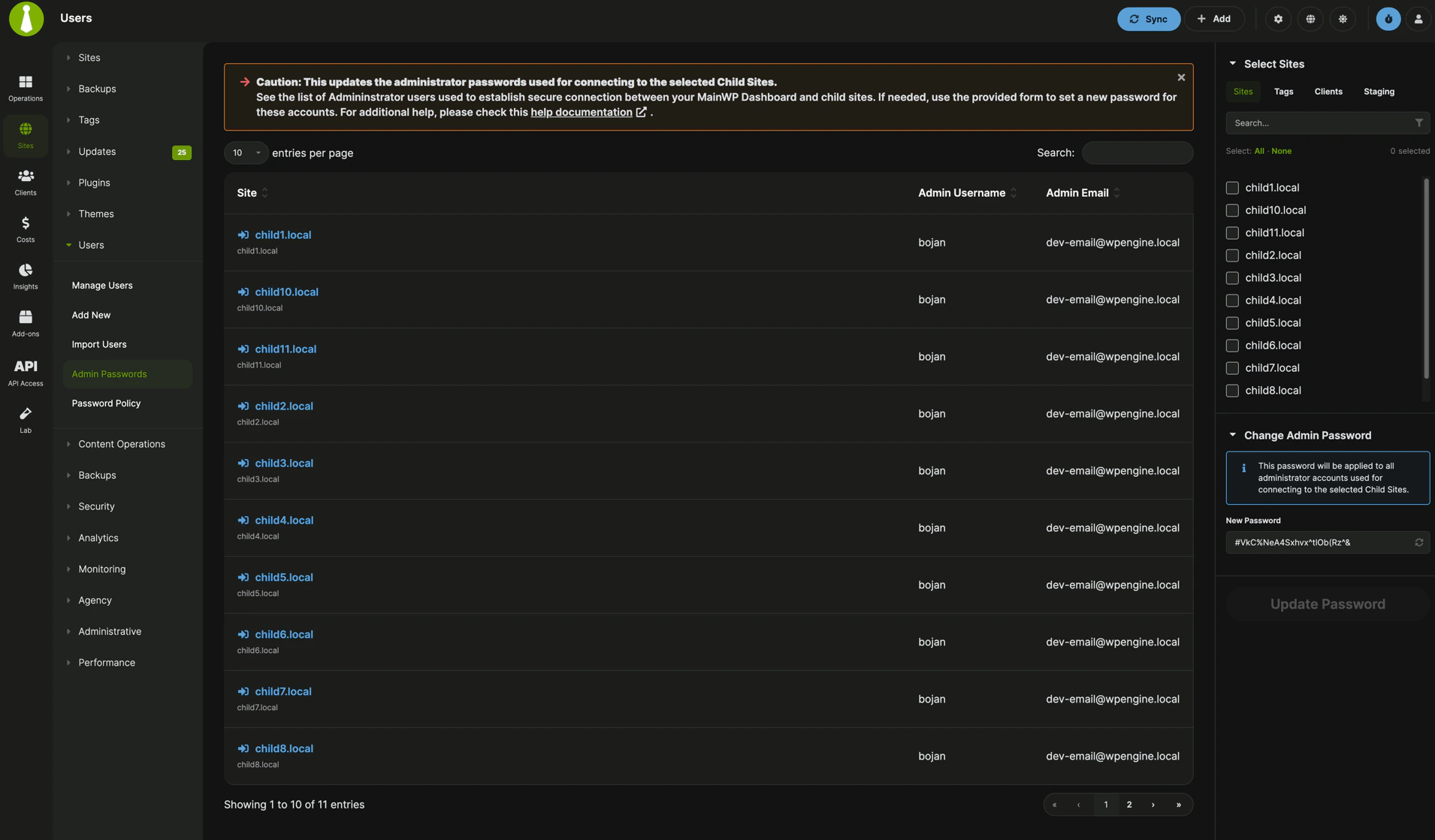 Admin Passwords page in MainWP Dashboard