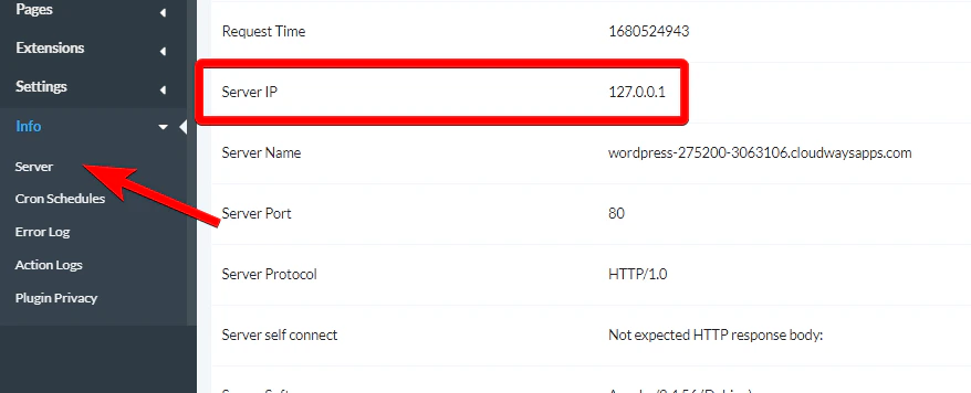 MainWP Server Information page showing the Server IP field