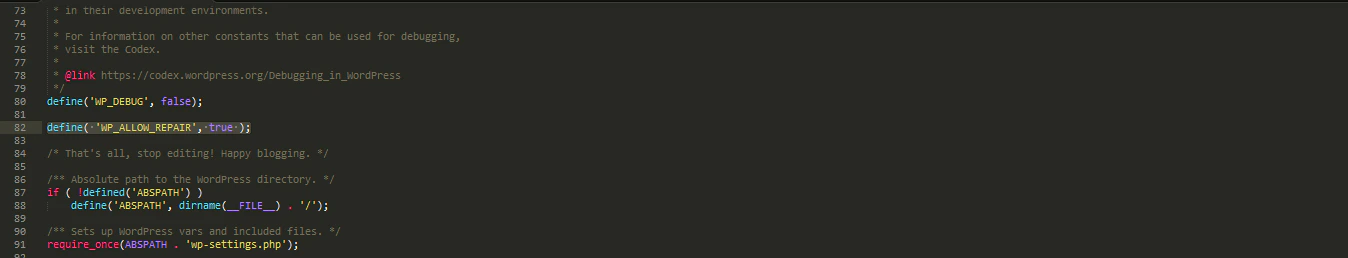 wp-config.php showing WP_ALLOW_REPAIR constant