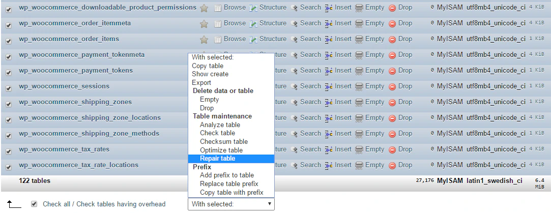 phpMyAdmin interface showing table selection and Repair option