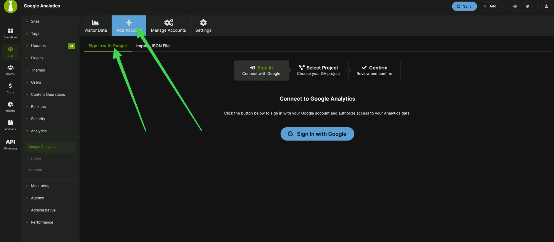 Google Analytics Add Account page with Sign In with Google and Import JSON File options