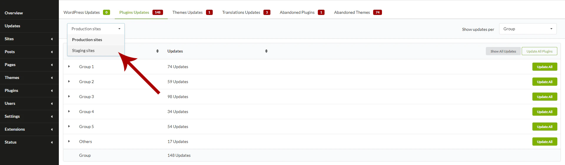 Go to the MainWP > Sites > Updates page
