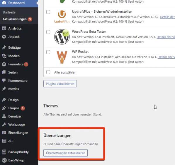 WordPress Updates page showing available translation updates