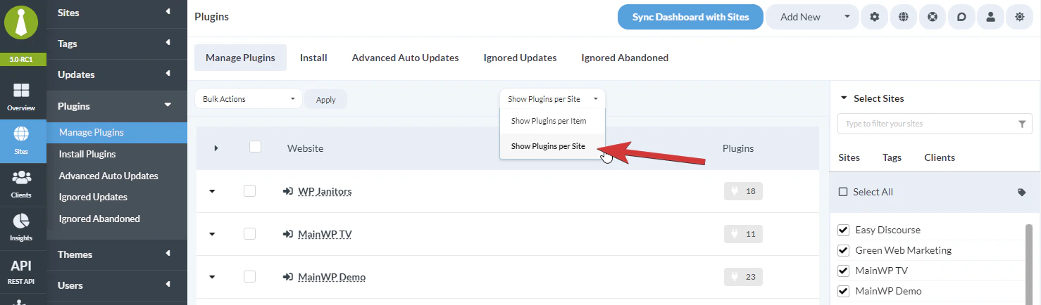 Change the view to Show Plugins per Site