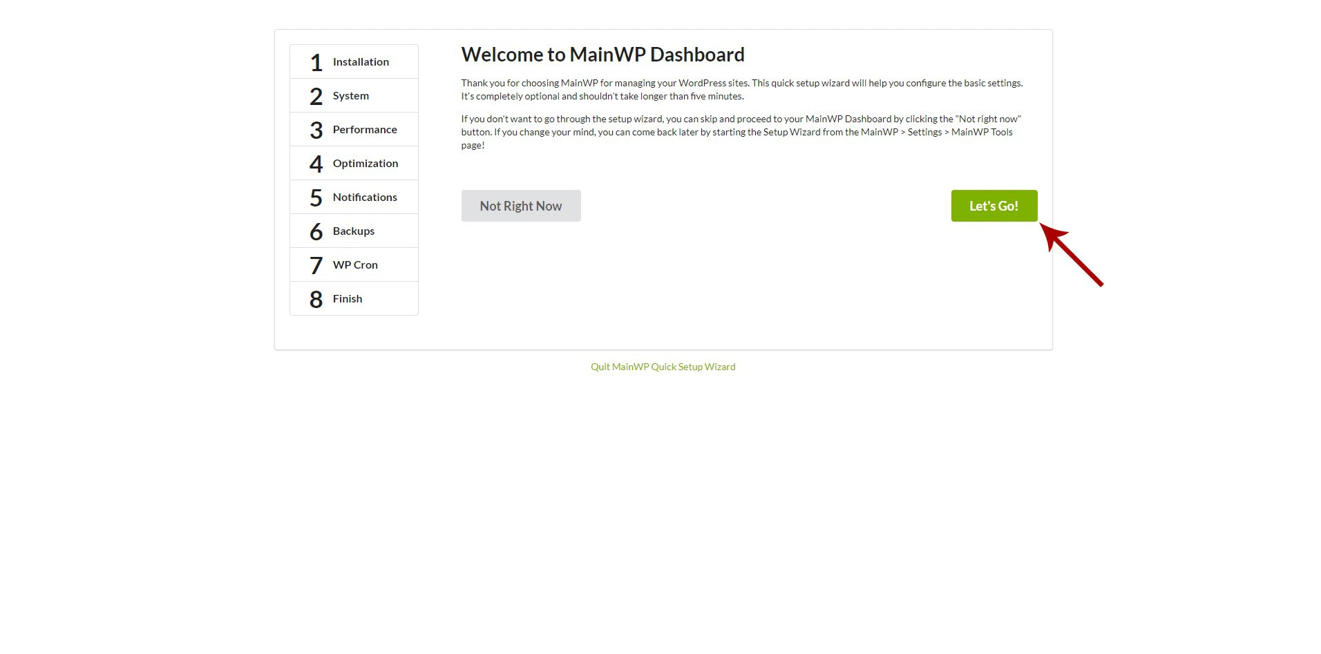 MainWP Quick Setup Wizard welcome screen with Let's Go button