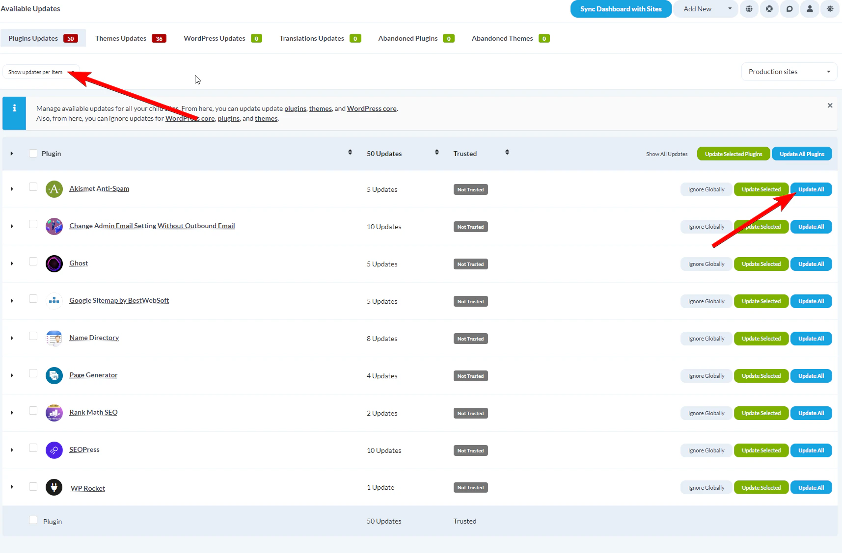 Plugins Updates table showing available plugin updates per item view