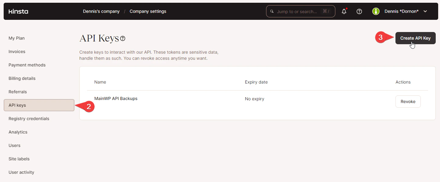 Kinsta Create API Key dialog