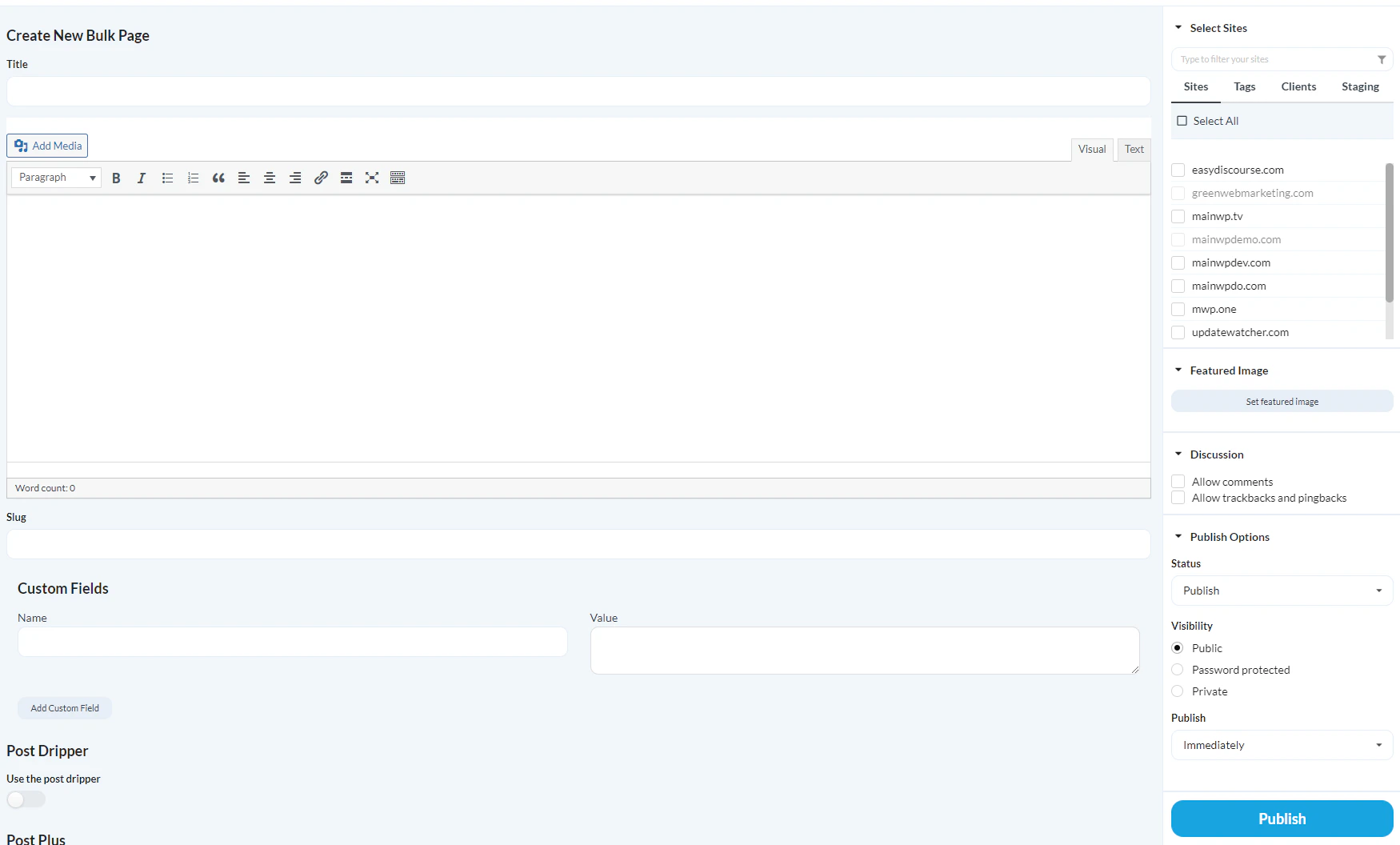 Go to MainWP > Sites > Content Operations > Manage Pages, then click Add New