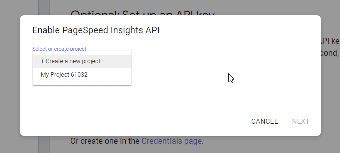 Screenshot of project selection dialog for API key creation