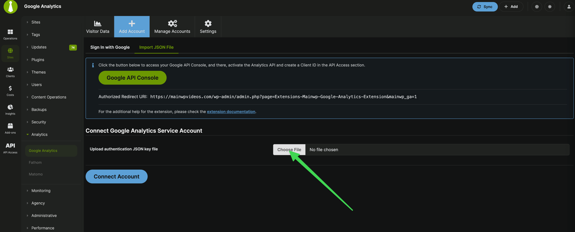 MainWP Google Analytics Add Account page with JSON file upload