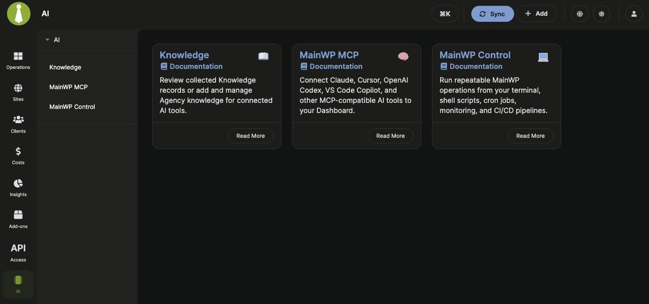 The MainWP AI landing page with Knowledge, MainWP MCP, and MainWP Control cards