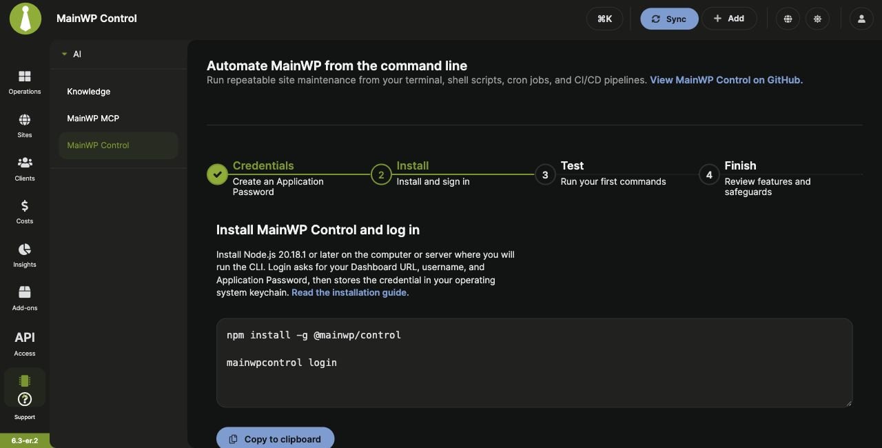 The MainWP Control guided setup page with installation and login commands