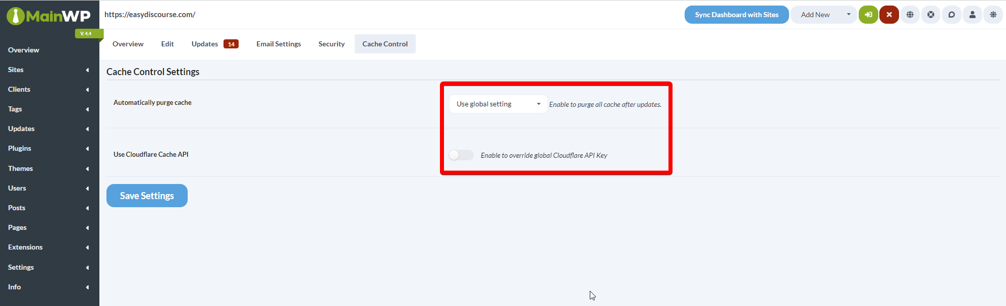 Screenshot of Cache Control settings page for individual site with override and Cloudflare options