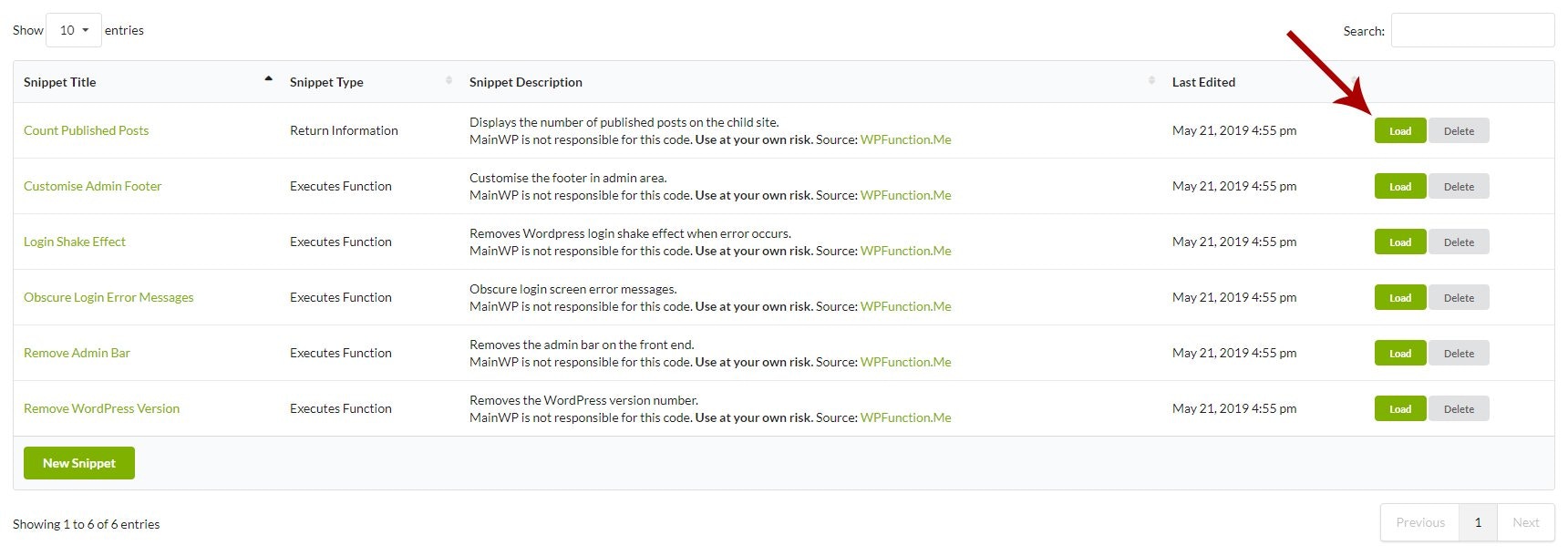 MainWP Code Snippets > Load Snippet