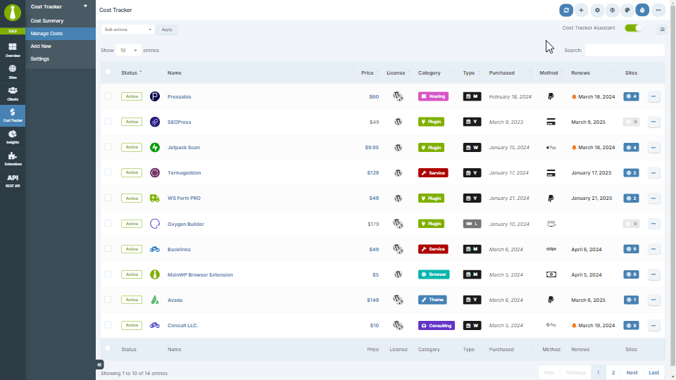 Cost Tracker costs filters