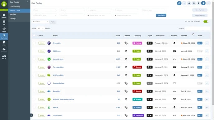 Cost Tracker manage costs page