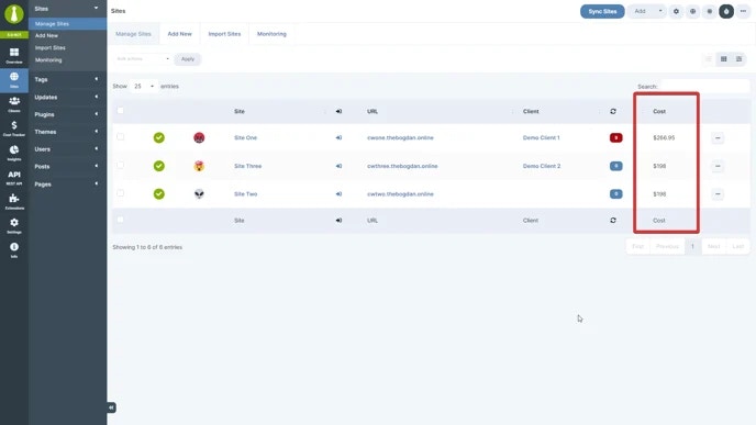 Cost tracker table column