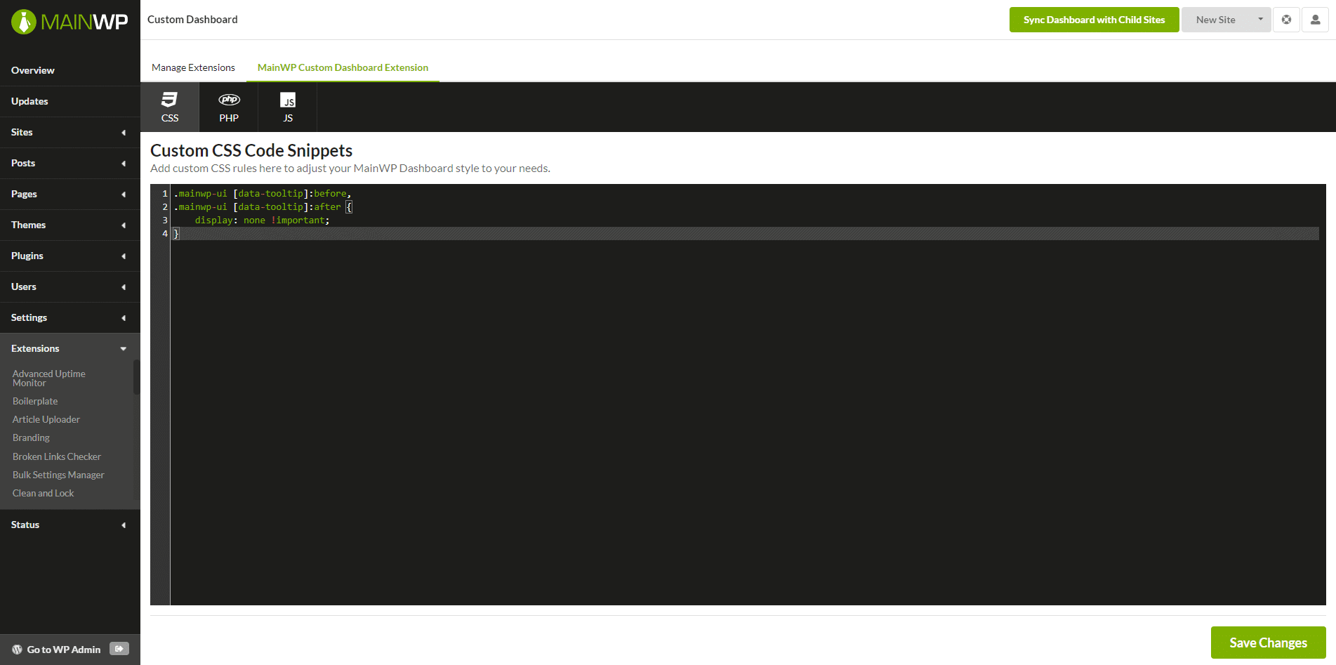 Screenshot of Custom Dashboard extension interface showing PHP, CSS, and JS code editors