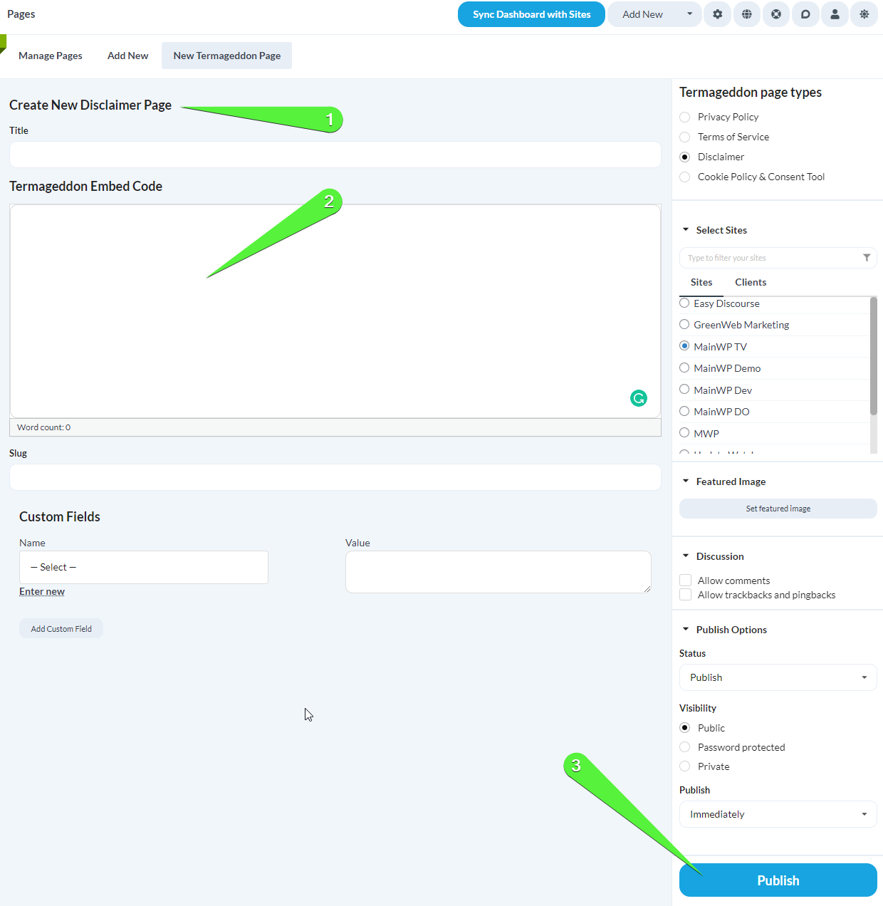 Policy page editor with title field, embed code, and Publish button