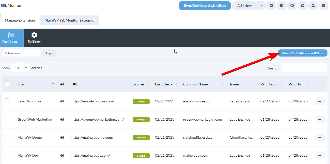 Screenshot showing Check SSL Certificate on All Sites button