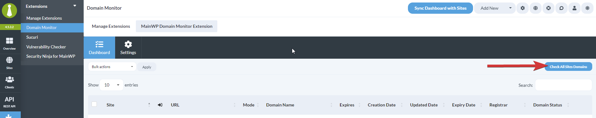 Locate the Check All Sites Domains button