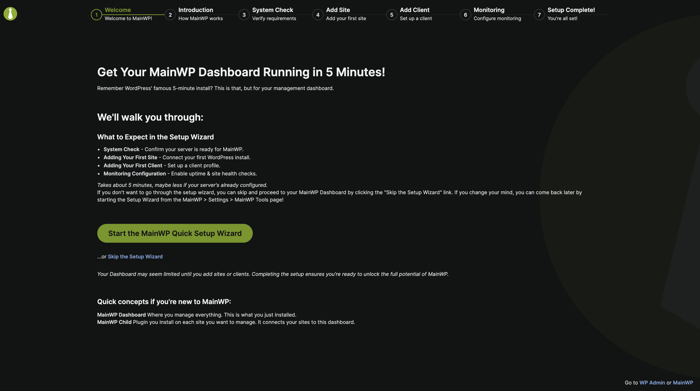 Quick Setup Wizard introduction screen
