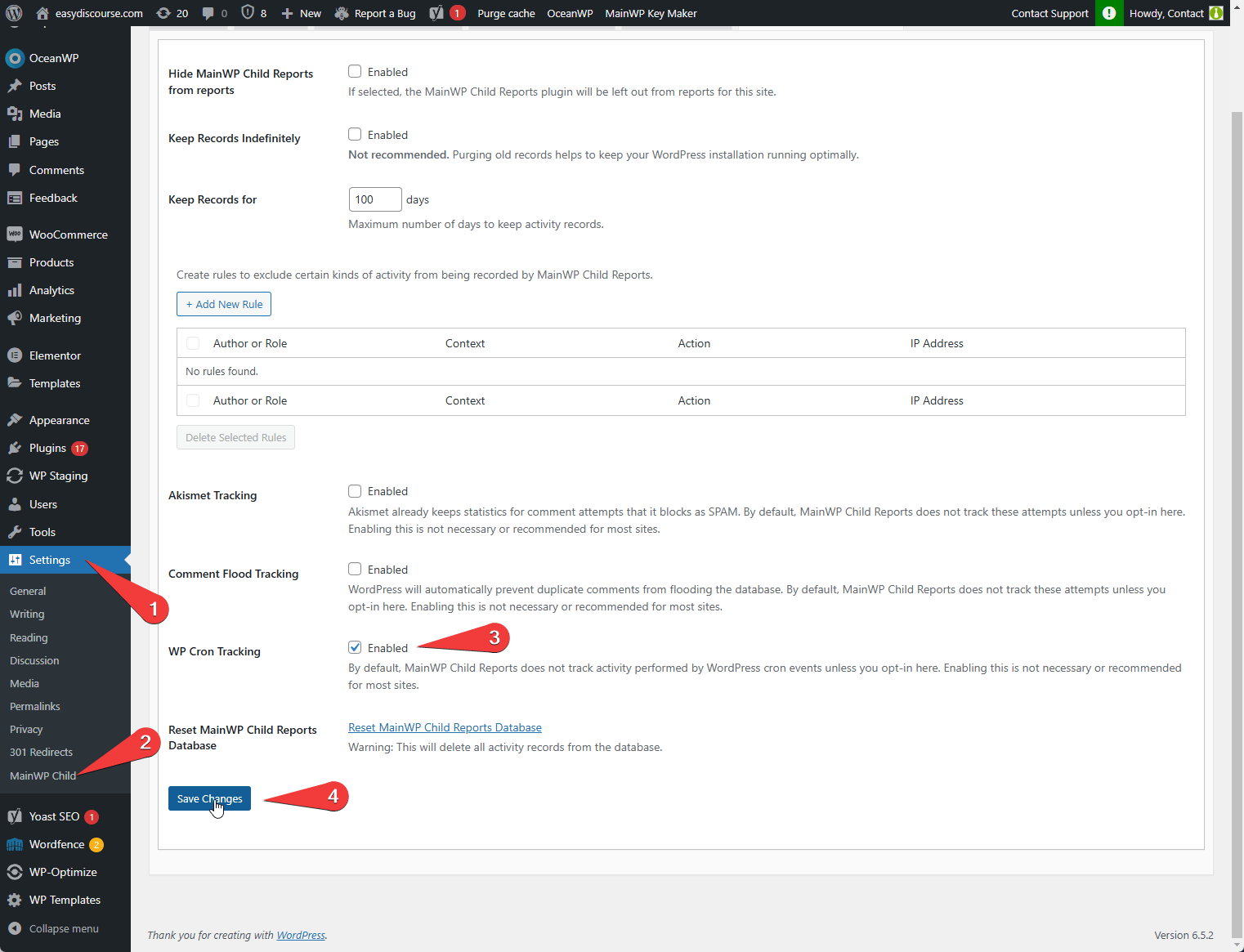 Screenshot of MainWP Child Reports Settings showing WP Cron Tracking option