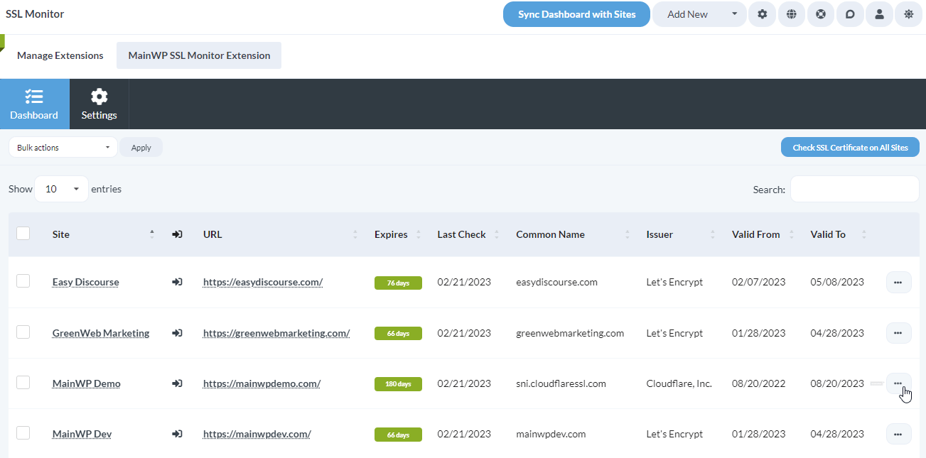 Animated screenshot showing Check SSL Certificate action in ellipsis menu