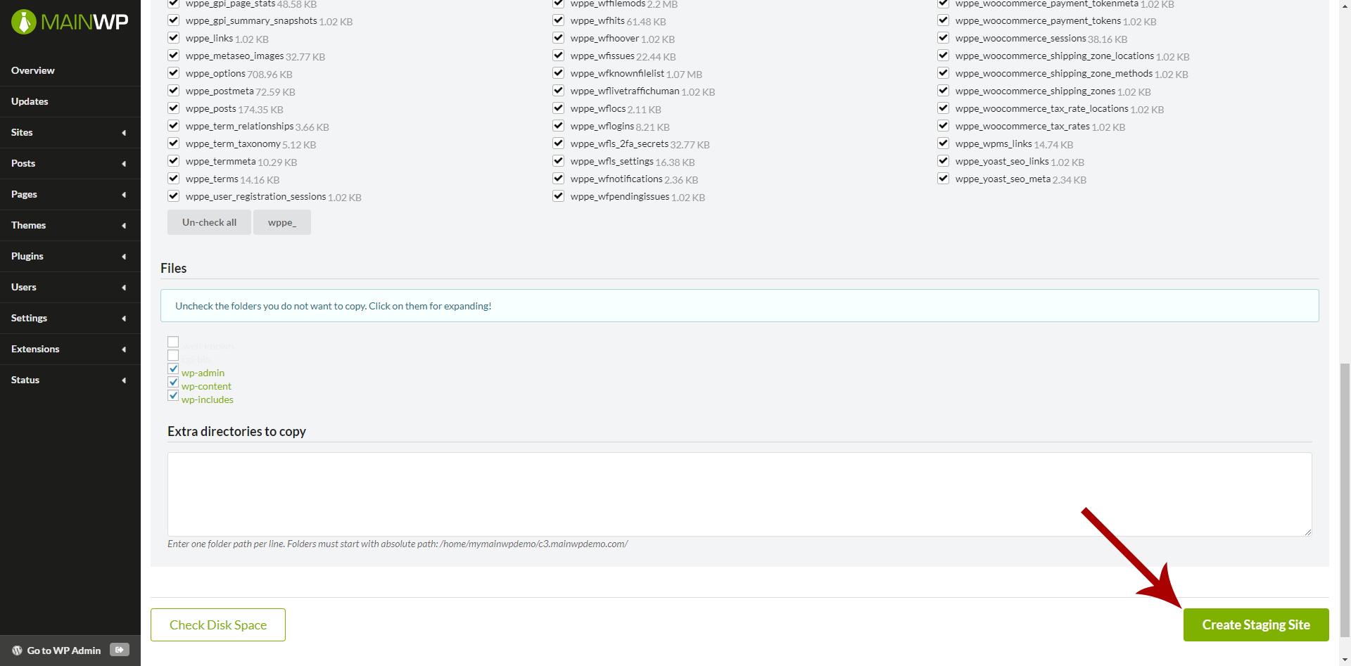 Screenshot of staging site creation form with database and file exclusion options