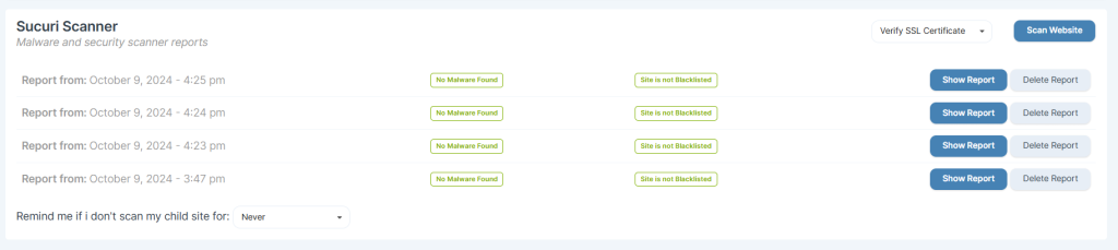 Screenshot of Sucuri Scanner section showing SSL verification, previous reports, and scan reminder options