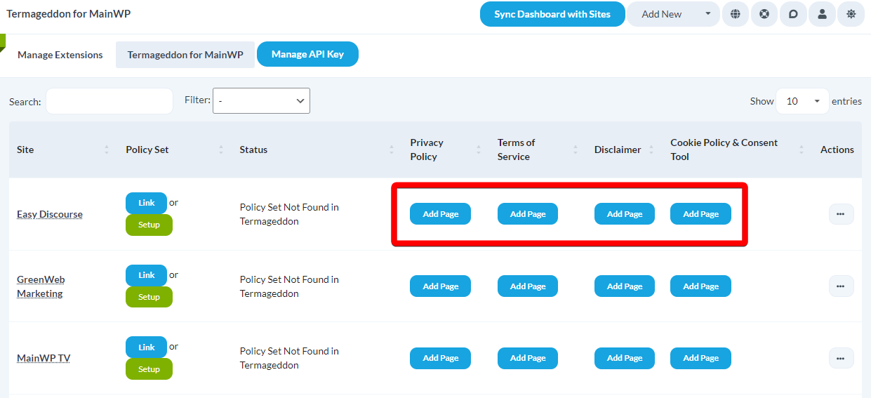 Add Page button in the policy columns for Privacy Policy, Terms of Service, and more