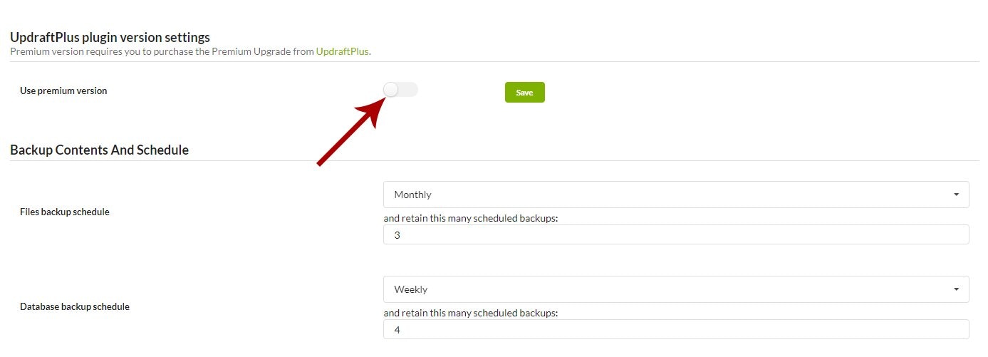 Screenshot of UpdraftPlus extension settings with Use Premium Version toggle
