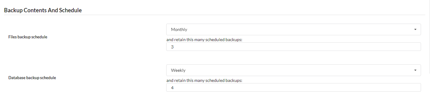 Screenshot of File Backup and Database Backup schedule interval options
