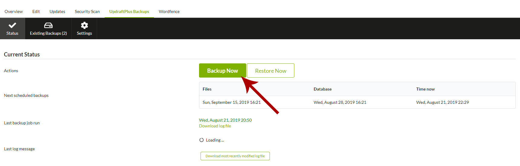 Screenshot of UpdraftPlus Status tab with Backup Now and Restore buttons