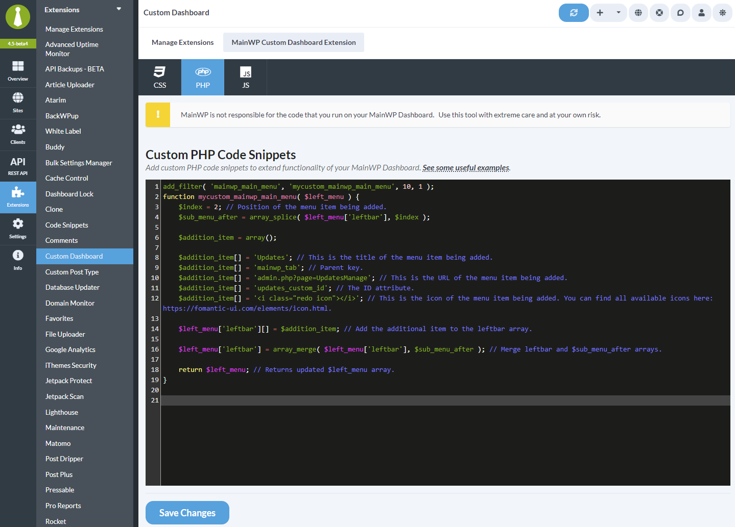 Custom Dashboard extension PHP tab for adding menu code