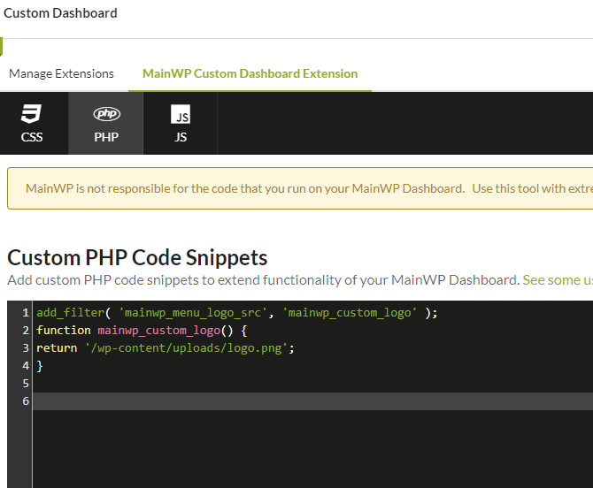 Custom Dashboard extension PHP tab with logo source code