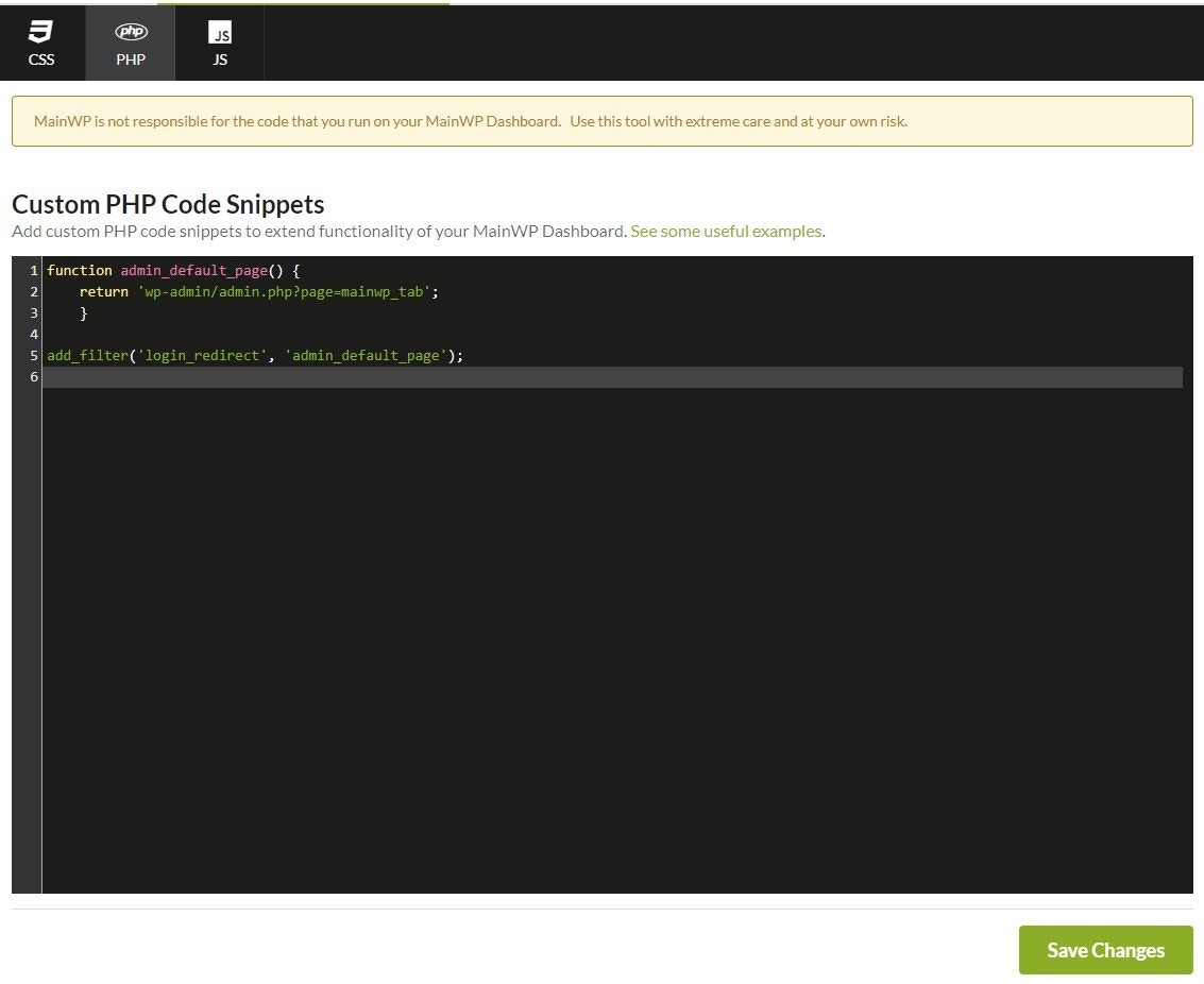 Custom Dashboard extension PHP tab with login redirect code