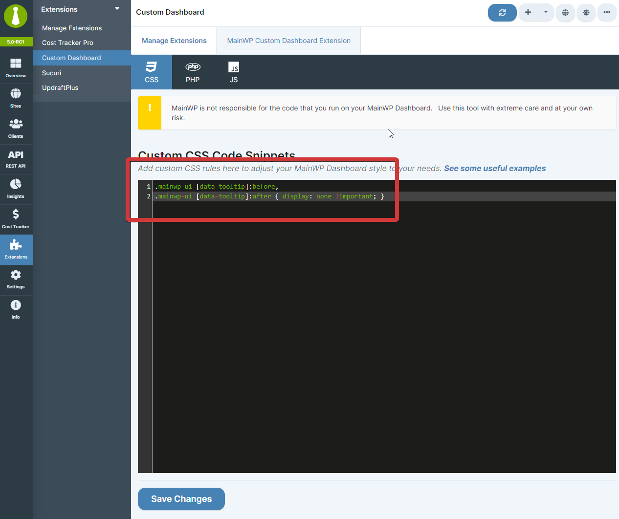 Custom Dashboard extension CSS tab with code snippet