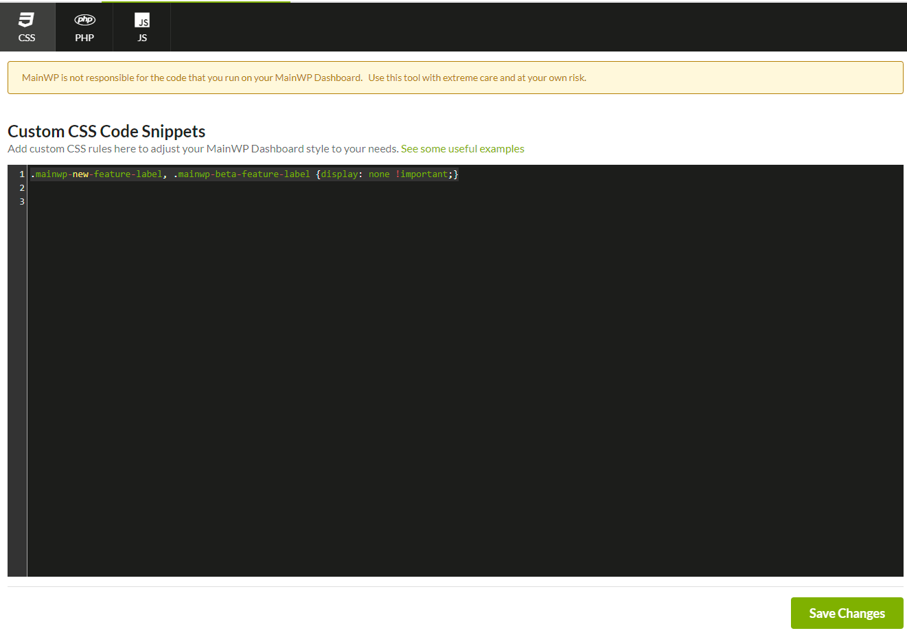Custom Dashboard extension CSS tab with label hiding snippet