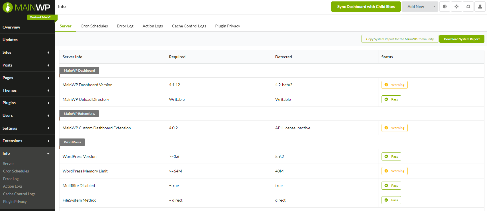 MainWP Dashboard with New and Beta labels hidden