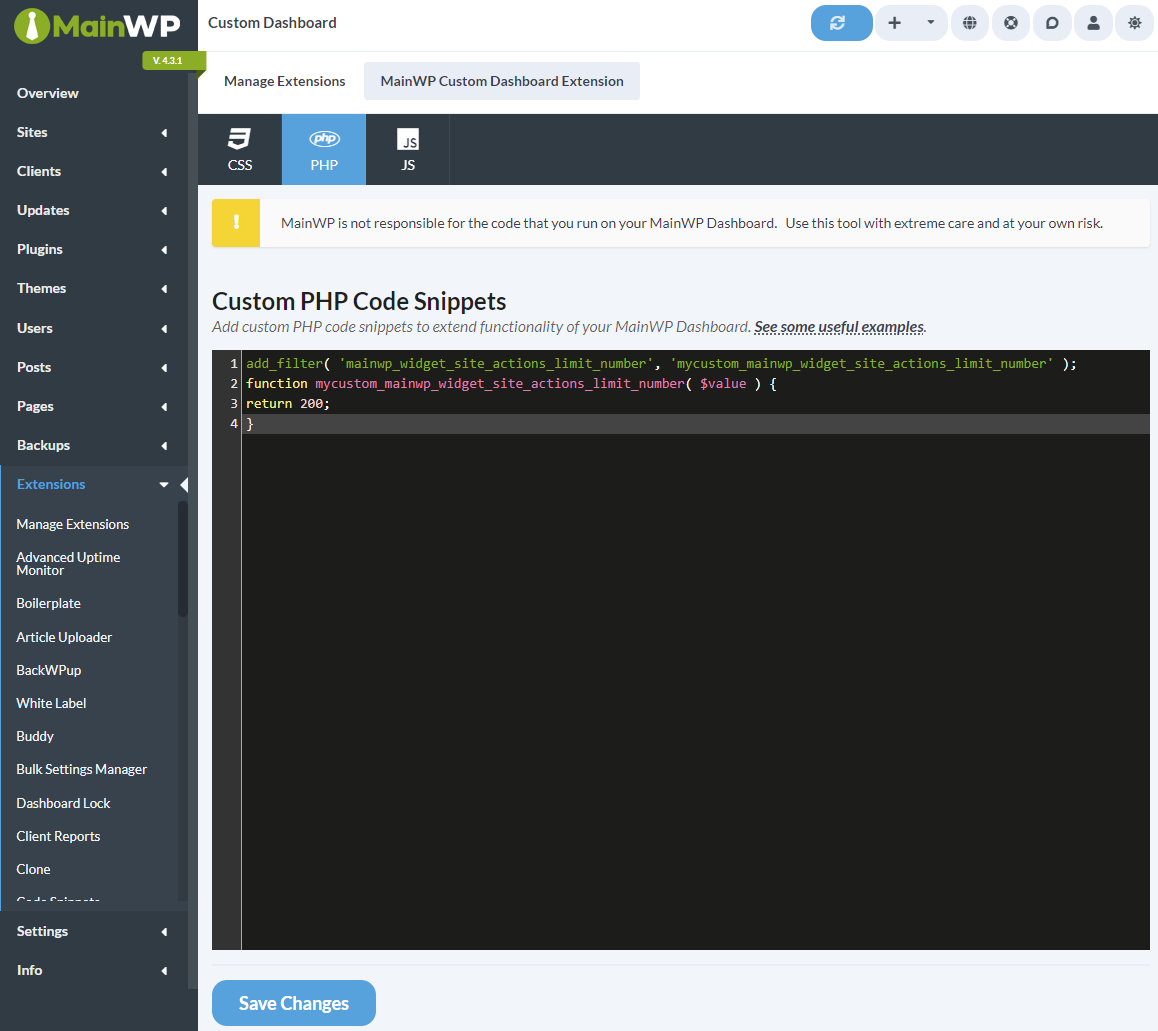 Custom Dashboard extension PHP tab with code snippet