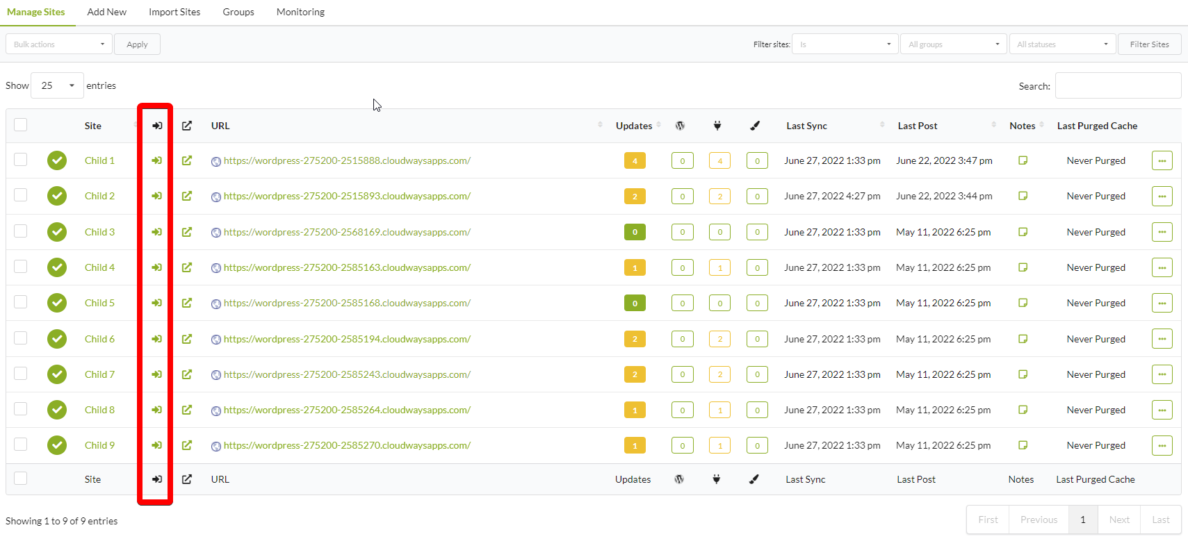 Manage Sites table showing the new Go to site icon column