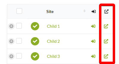 Mobile view of Manage Sites table with Go to site icon visible
