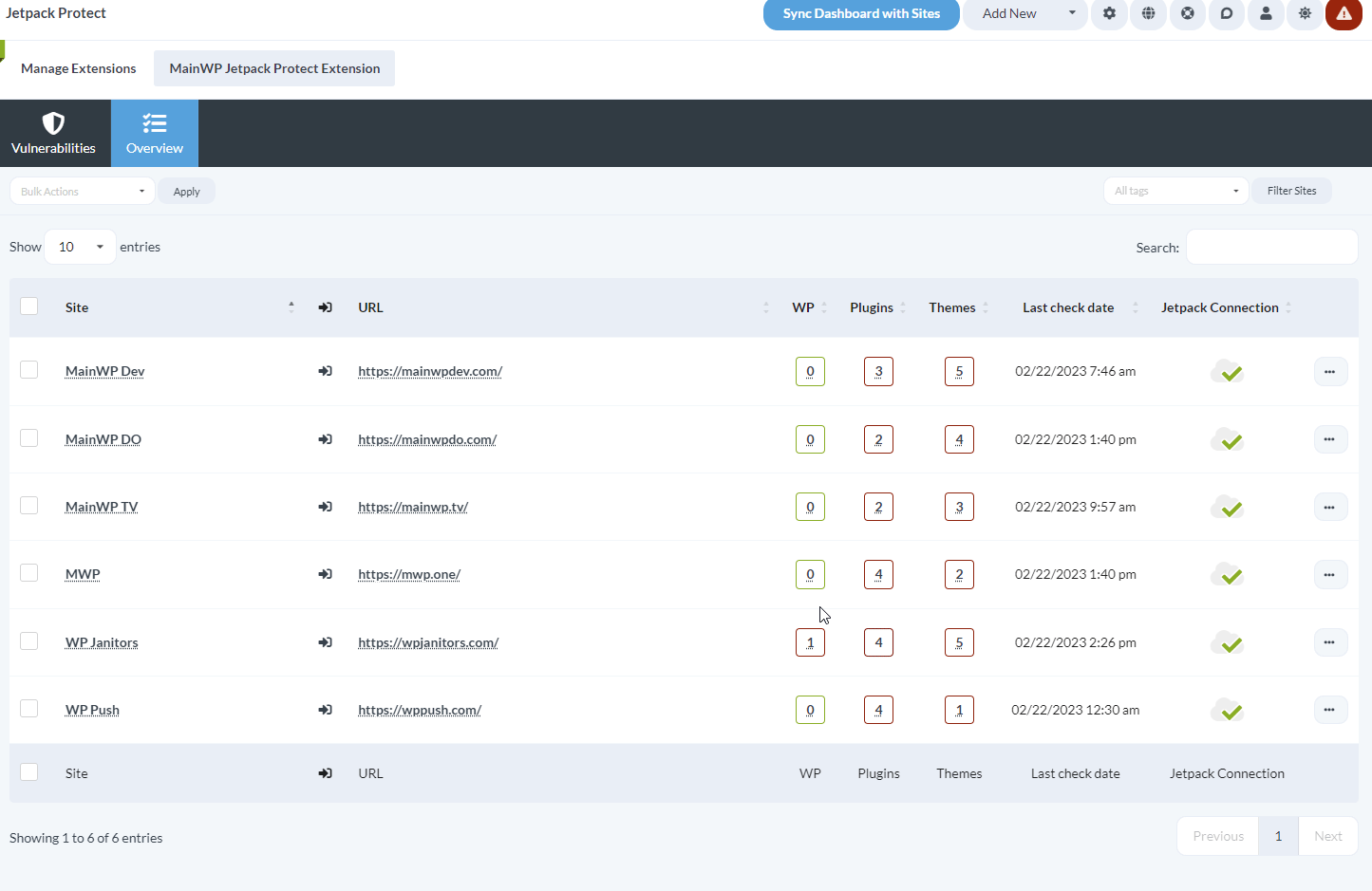 Animated screenshot demonstrating bulk actions menu for multiple sites