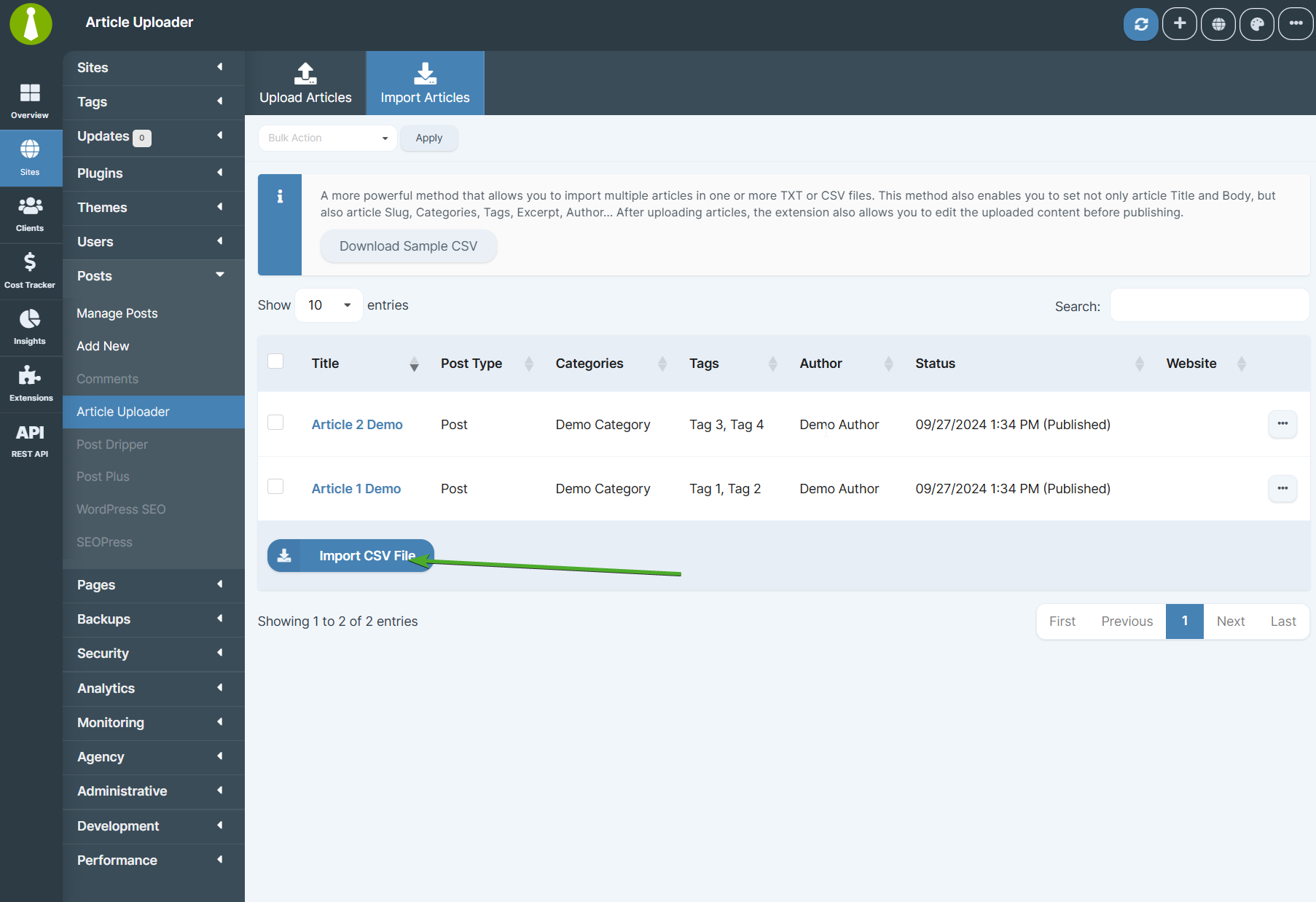 Import Articles page with file selection interface