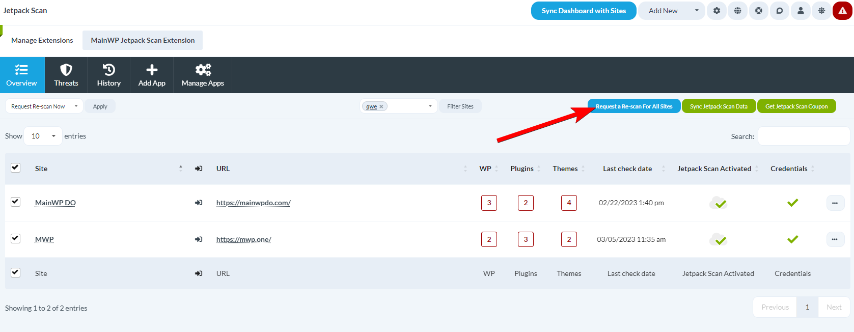 Screenshot highlighting the Request Re-scan For All Sites button
