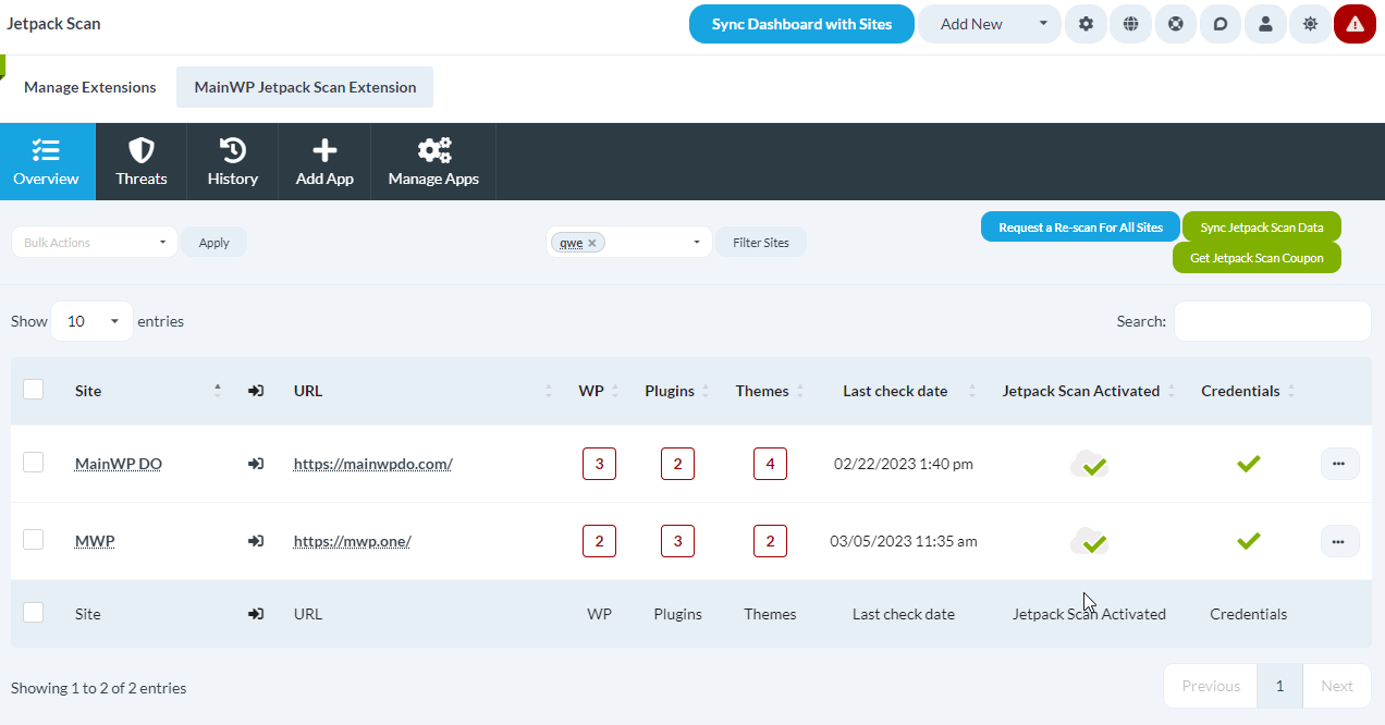 Animated screenshot showing bulk re-scan action for multiple selected sites