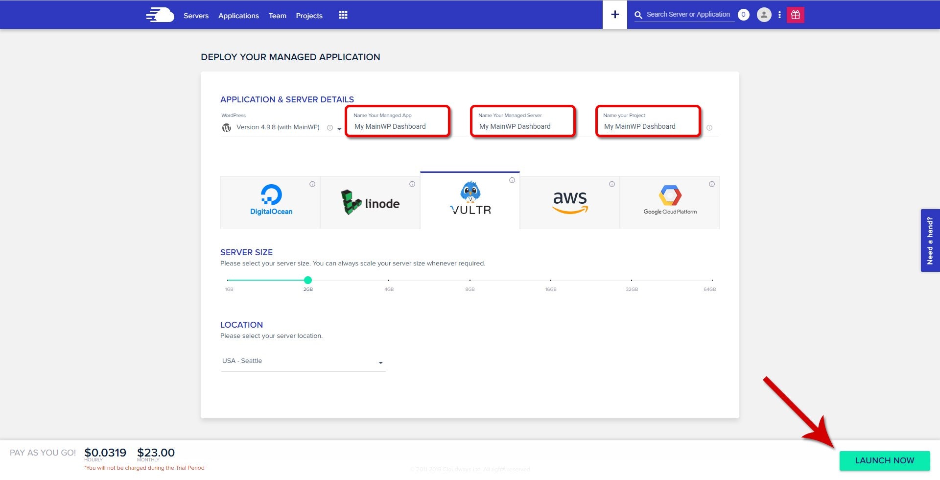 Cloudways - Launch MainWP App