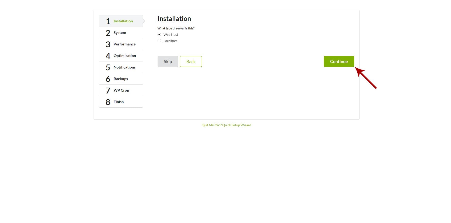 Quick Setup Wizard Installation step with Web host option selected